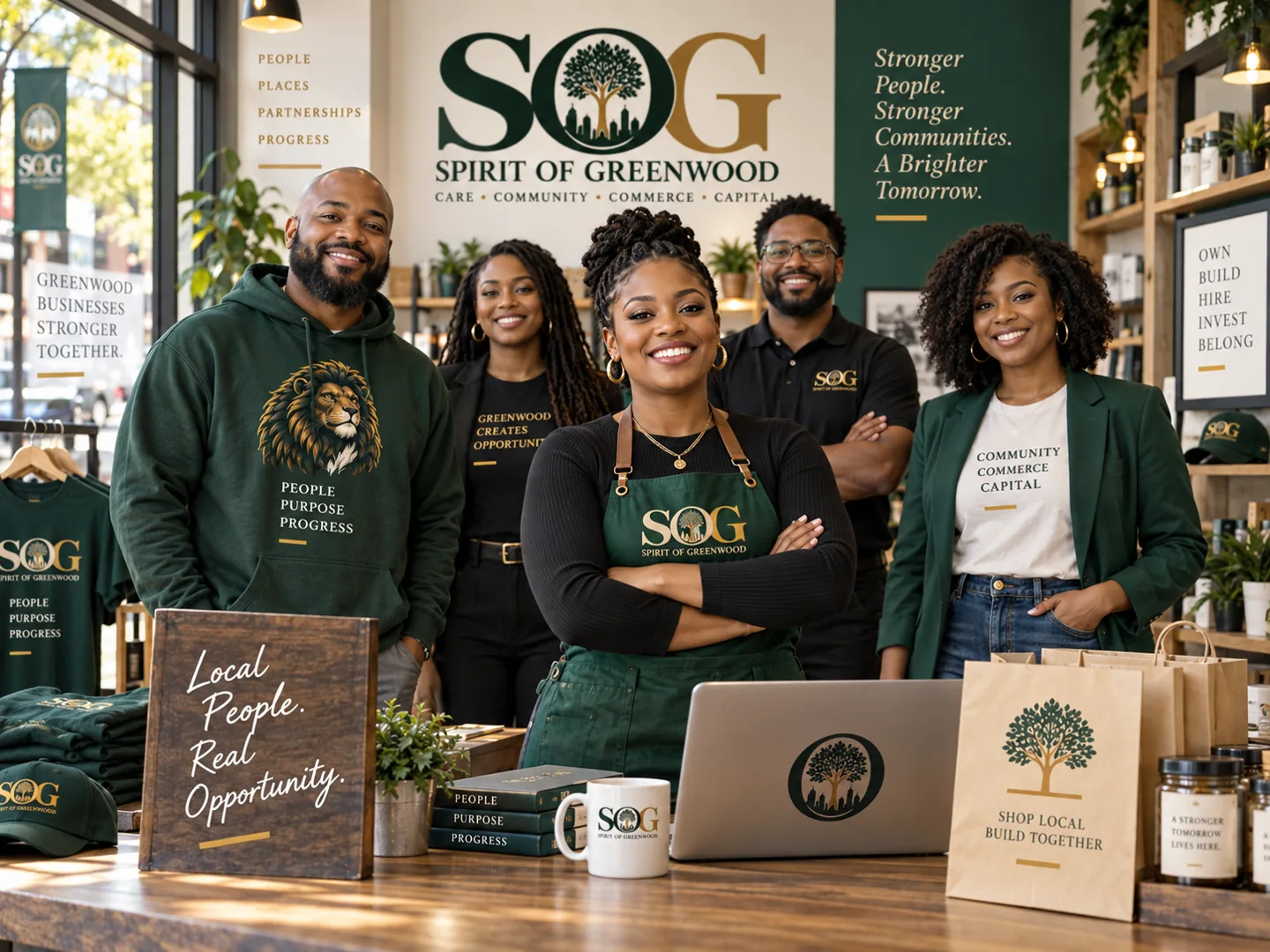 Illustrative community business team in a storefront